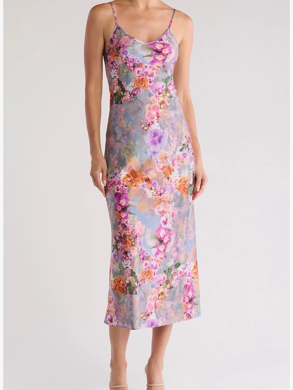 All Saints Floral Slip Midi Dress in Lavender and Pink